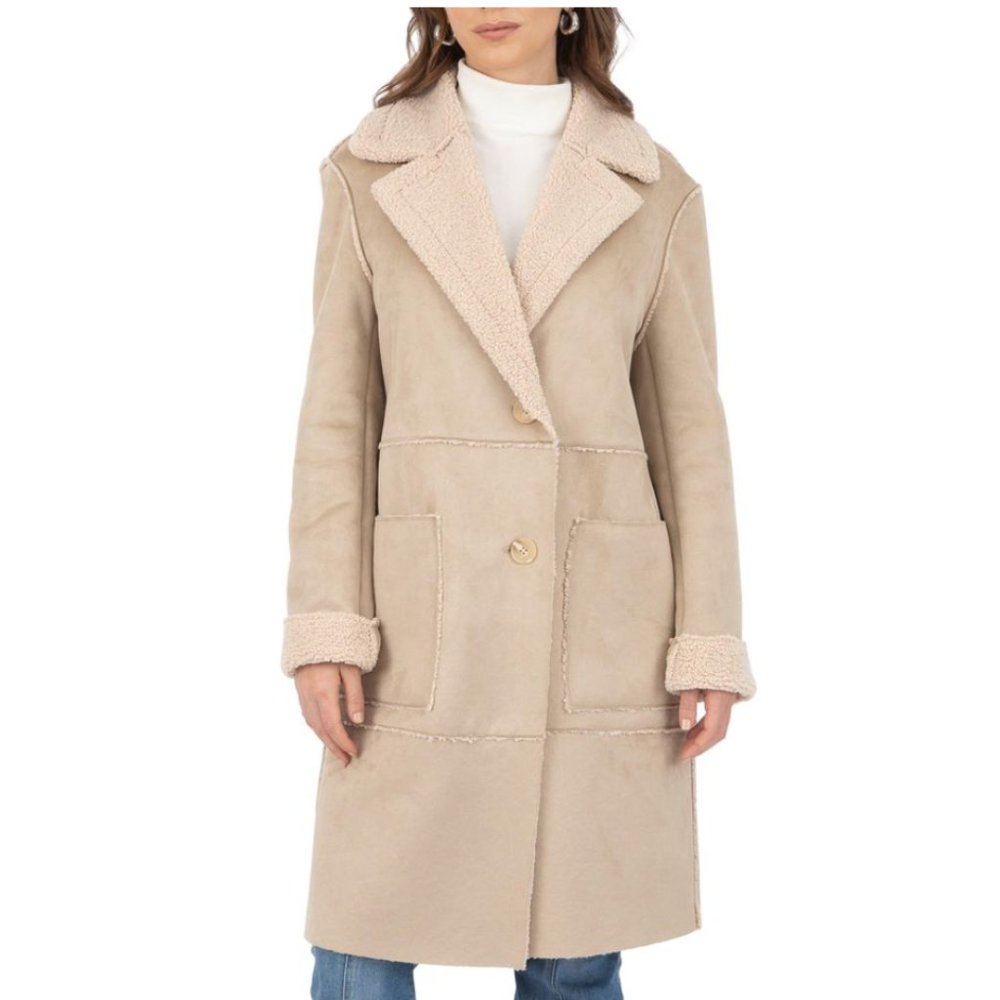 Frye Faux Shearling Suede Single Breasted Trench Coat in Natural size Large New!